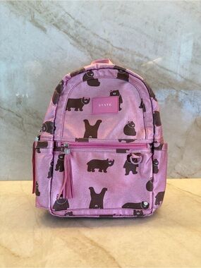 STATE Pink Mini Backpack with Brown Bear Print